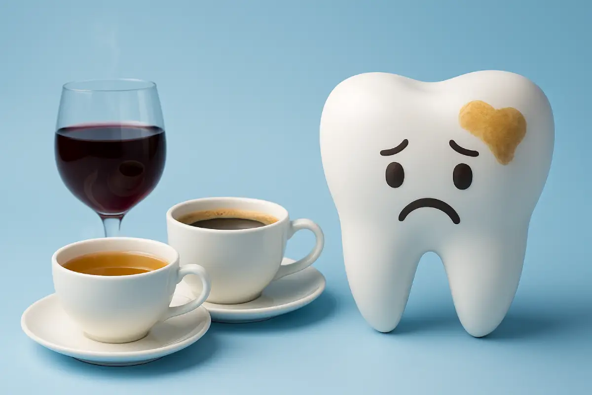 Cup of tea/coffee and a glass of red wine beside a smiling woman showing bright white teeth, symbolising how to enjoy beverages without staining your smile.