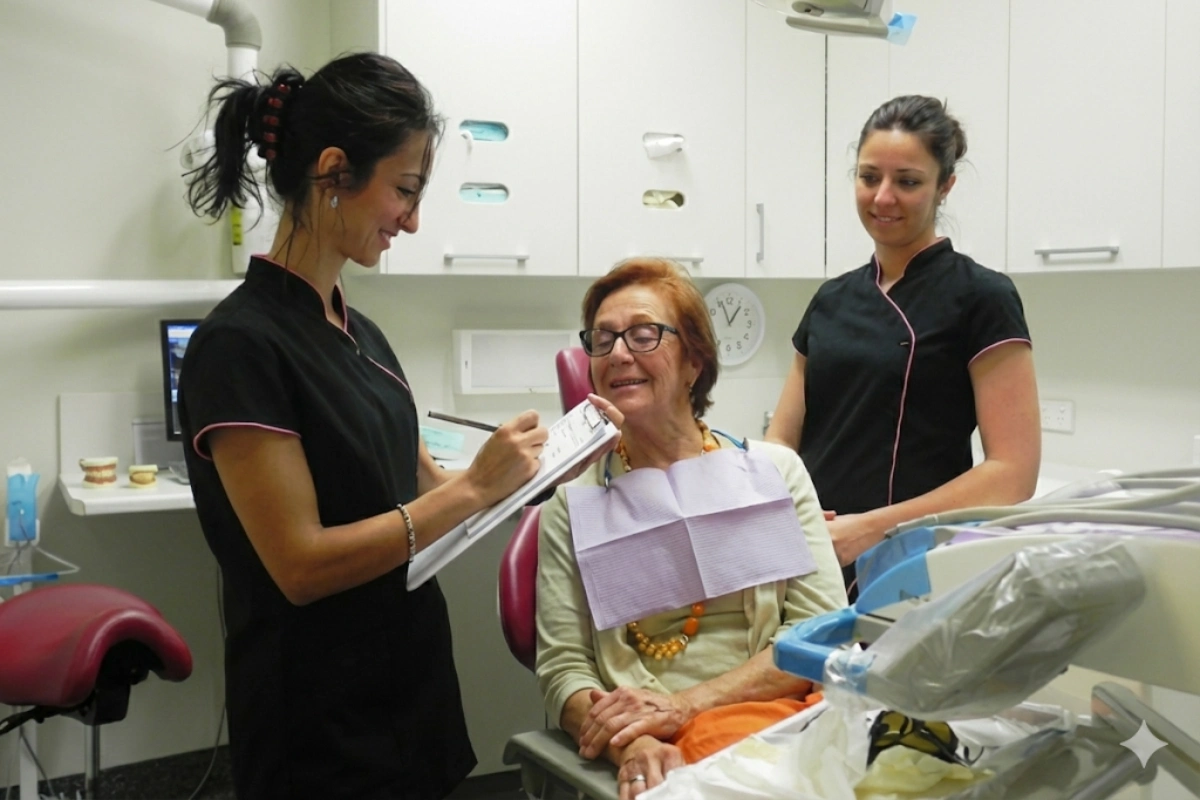 Dentist observing a patient seated in the dental chair, highlighting early signs of oral health such as gum condition, tooth wear, and overall comfort in a modern Maroubra dental clinic.