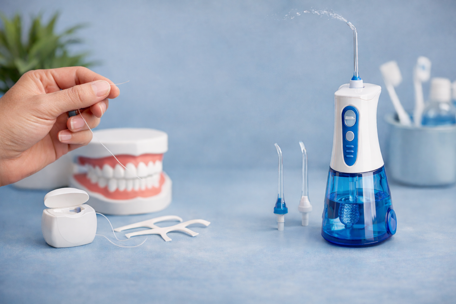 Hand holding dental floss next to a water flosser device with interchangeable tips, a floss container, and a dental teeth model on a blue background, demonstrating oral hygiene tools for cleaning between teeth.