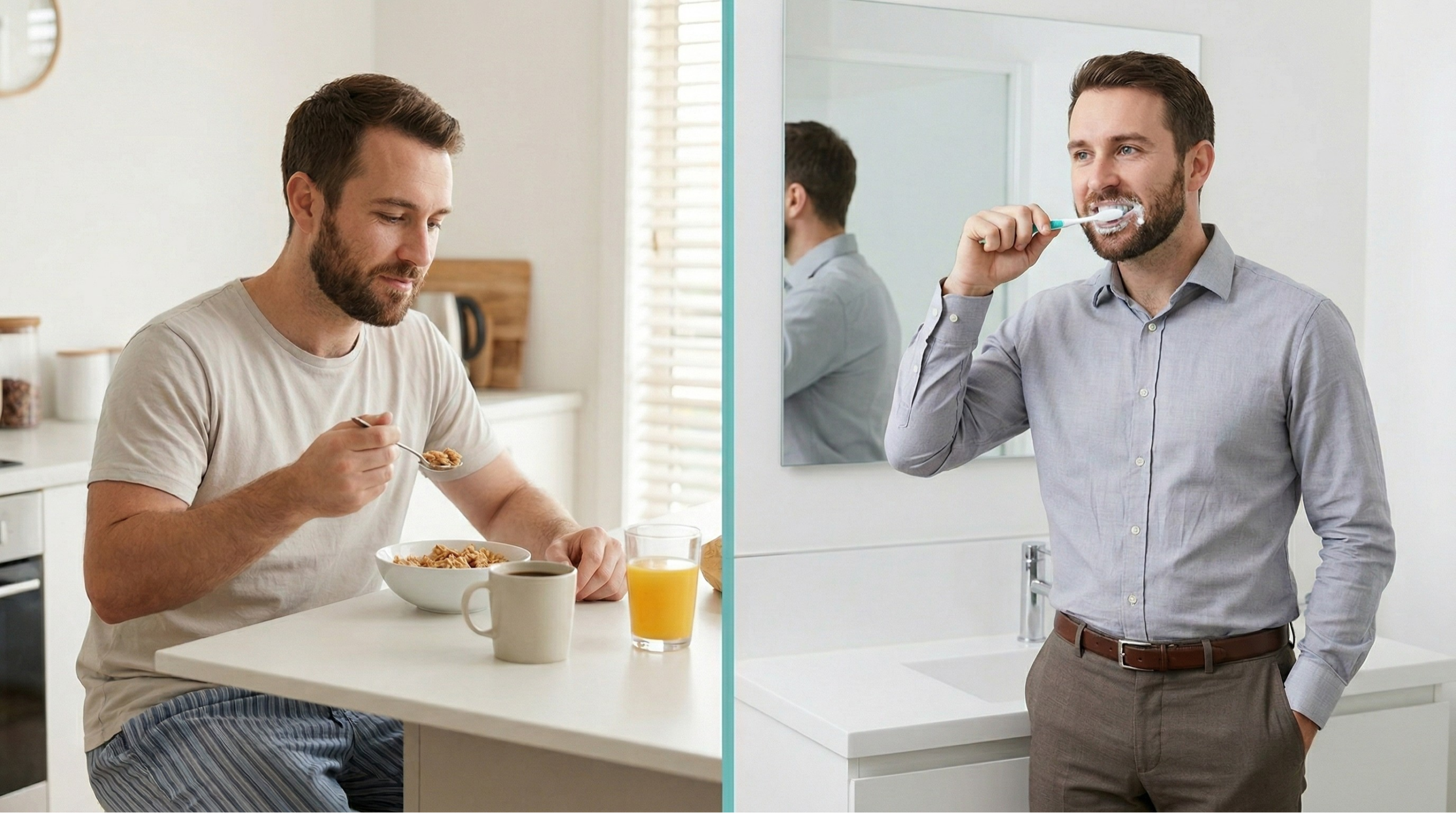Split image of a man eating breakfast in casual wear and brushing his teeth in formal attire, showing a healthy morning routine before work.
