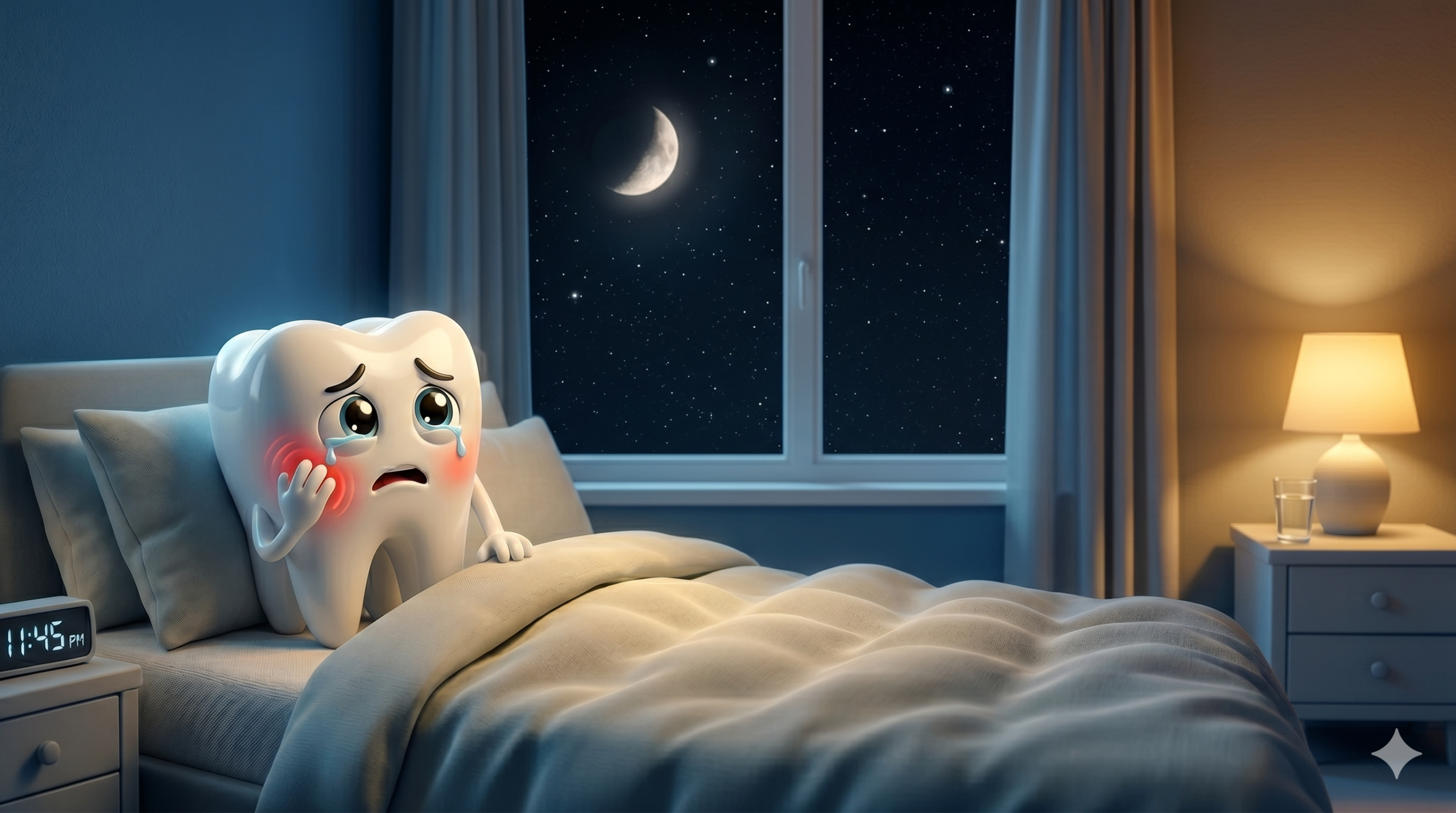 A sad, animated tooth character sitting upright in a cozy, dimly lit bedroom at night. The tooth is holding its red, swollen cheek in pain, looking distressed with tears in its eyes. Next to the bed is a nightstand with a glowing lamp, a glass of water, and a digital clock showing 11:45 PM, while a crescent moon and stars are visible through the window in the background.
