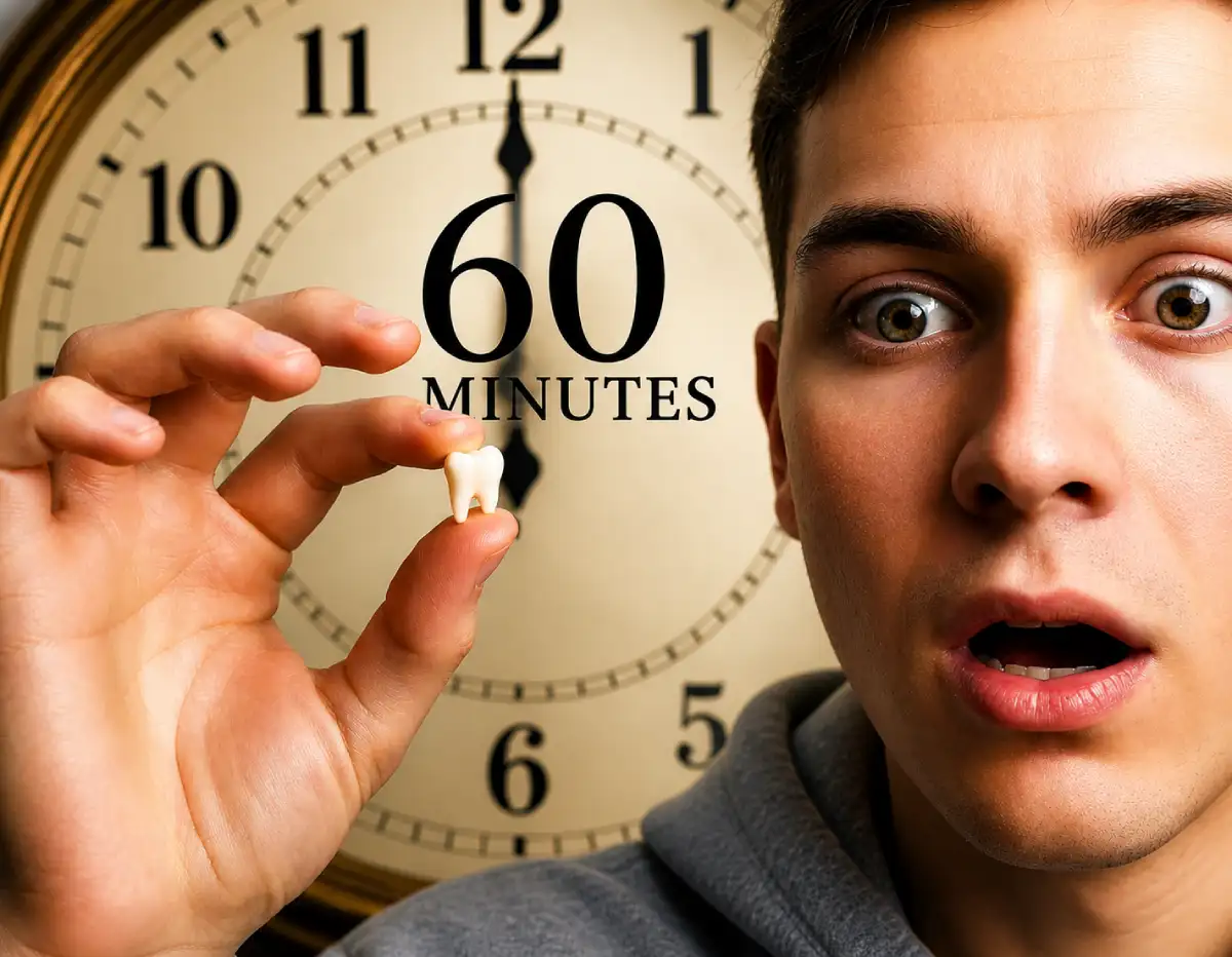 Close-up of man holding extracted tooth with 60 minutes text on clock background