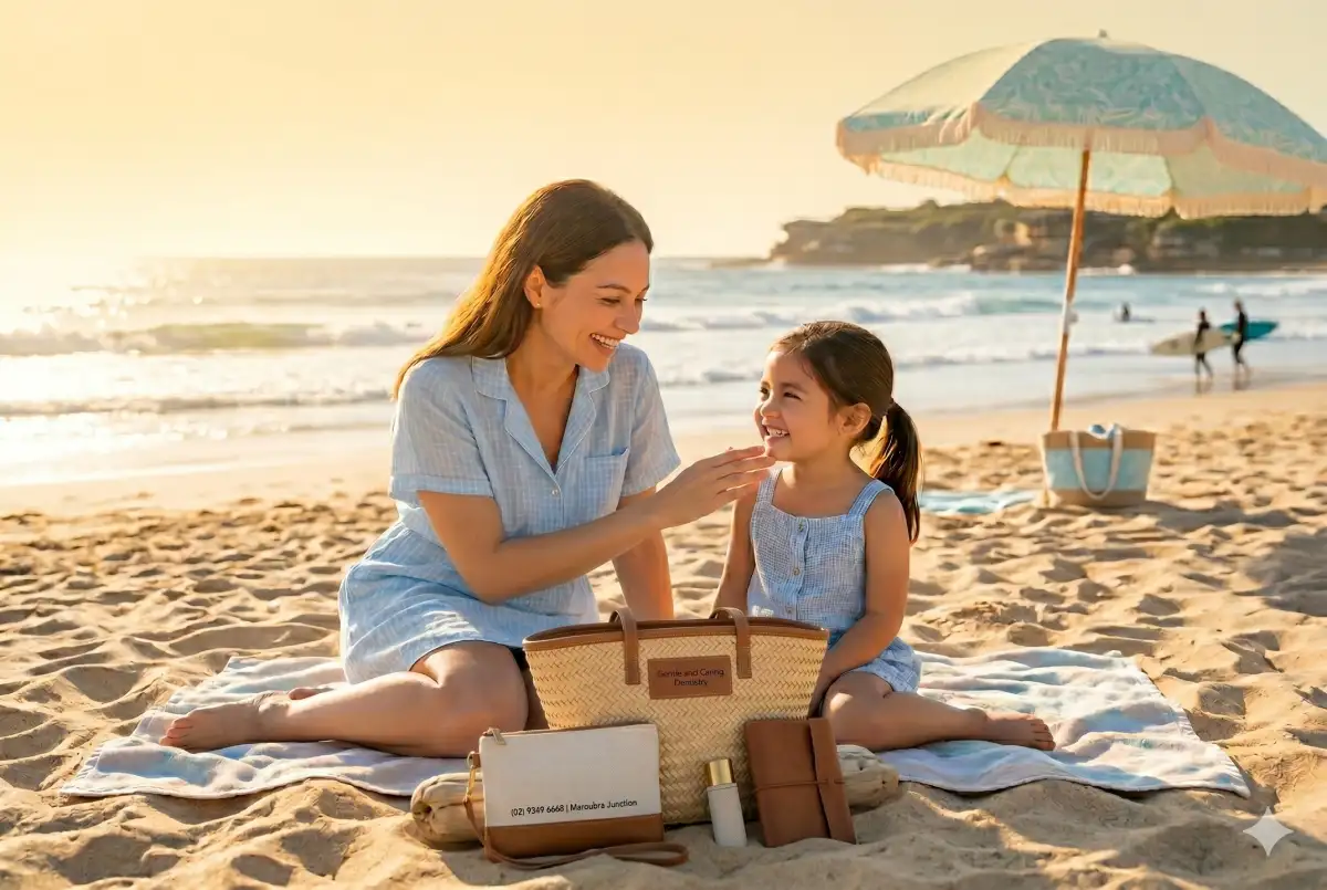 G&C dentist – blog 2 – banner Mother and daughter enjoying a relaxing beach picnic at sunset, sitting on a blanket with skincare and picnic items under a beach umbrella.