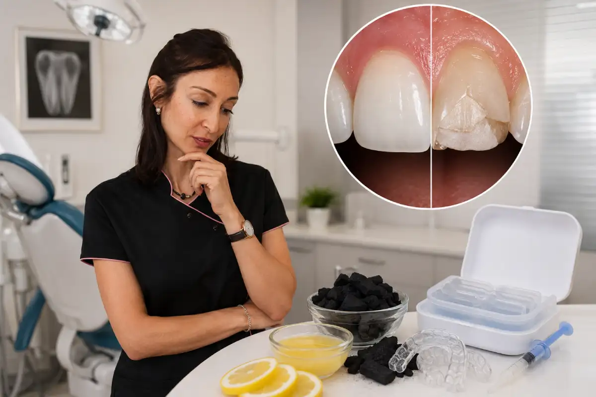 Female dentist in a dental clinic examining cosmetic dental treatment options, with an inset image showing a chipped front tooth before and after restoration.