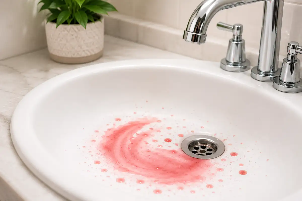 dentist banner 1 White bathroom sink with pink-colored residue and stains around the drain, demonstrating a common sink cleaning or stain removal scenario in a modern bathroom.
