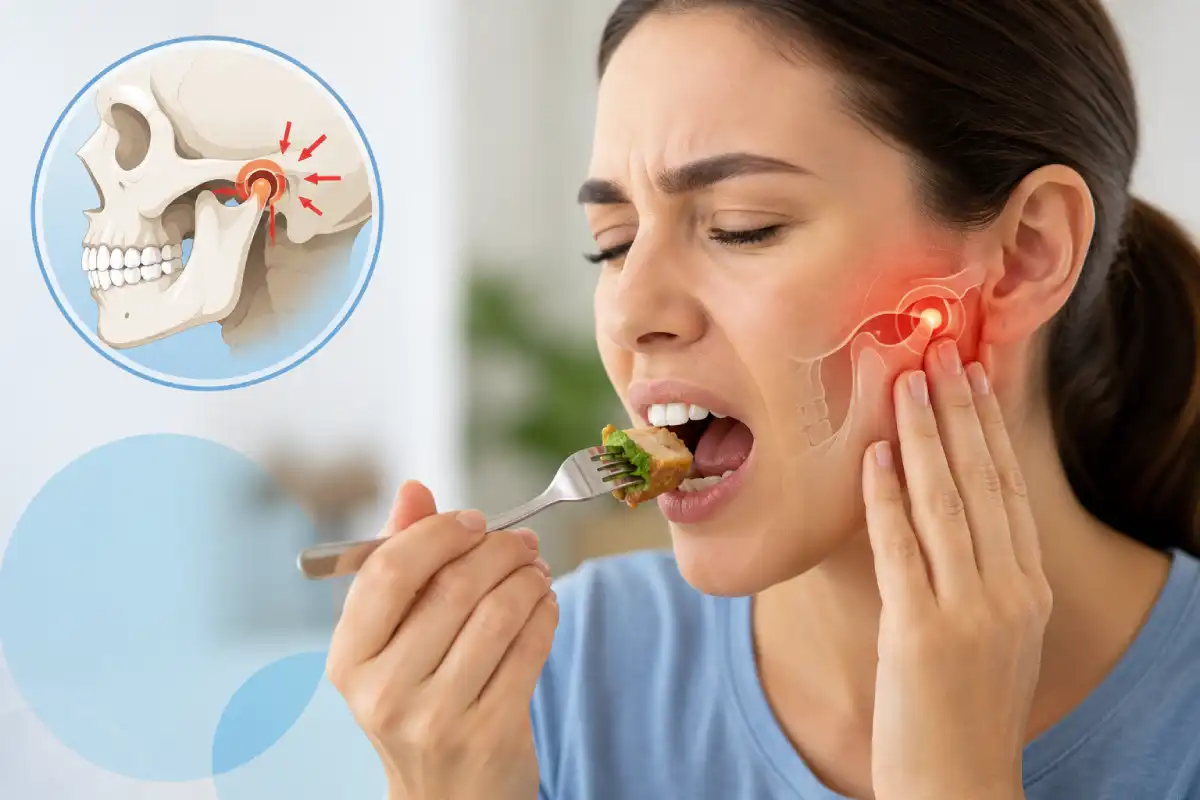 dentist – blog 1 banner Woman experiencing jaw pain while eating due to temporomandibular joint (TMJ) disorder