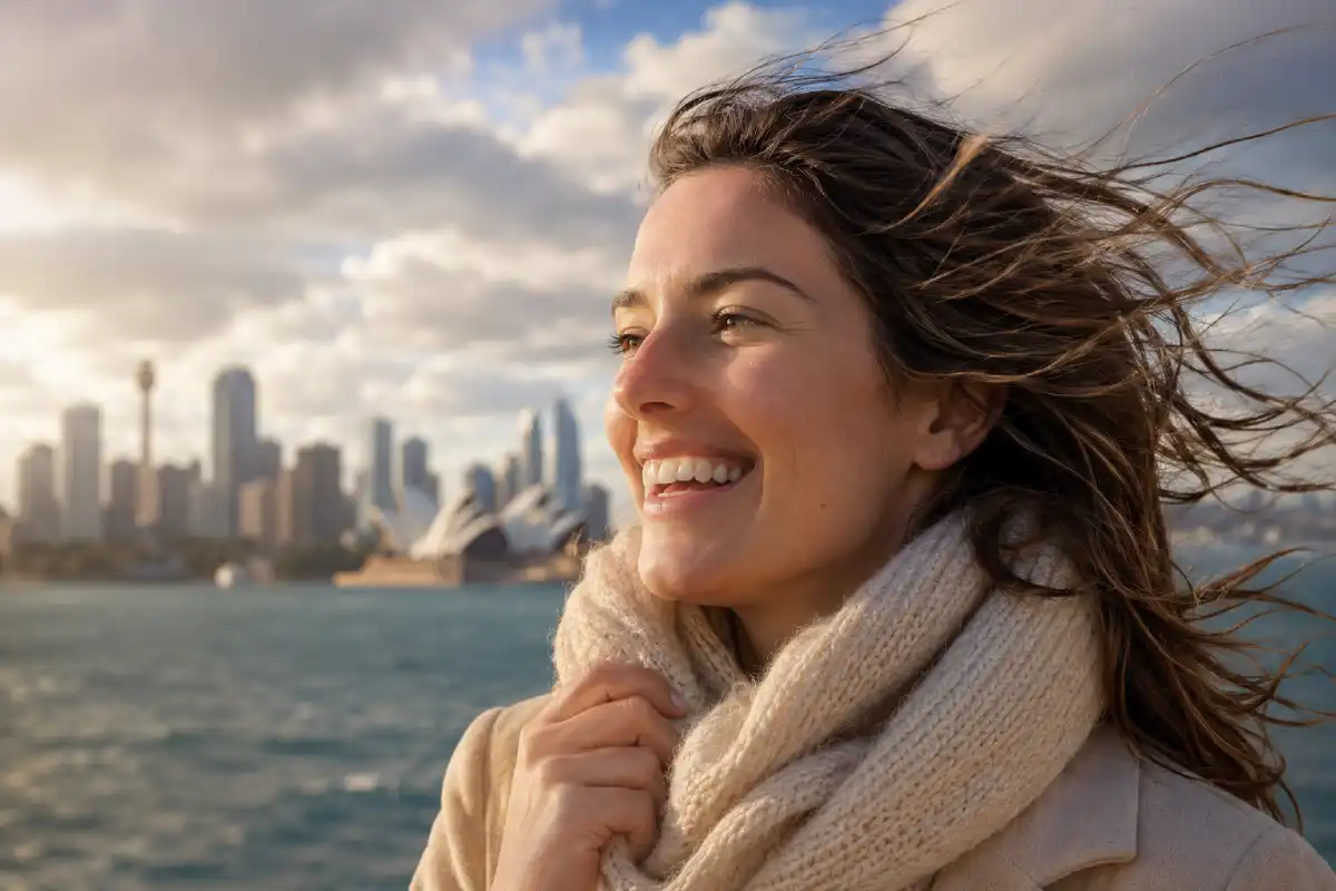 banner 1 – dentist Woman smiling outdoors near Sydney Harbour, enjoying the fresh air and scenic city waterfront.