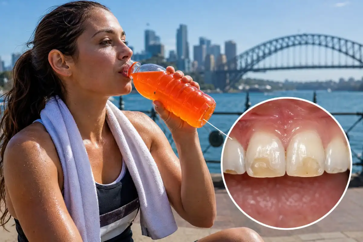 banner 2 – dentist Woman drinking a brightly colored beverage with an inset image showing tooth enamel damage, highlighting the impact of acidic drinks on dental health.