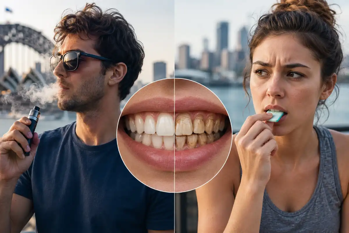 banner 3 – dentist Comparison of vaping and chewing gum as stress-relief habits, highlighting their potential effects on dental and oral health.