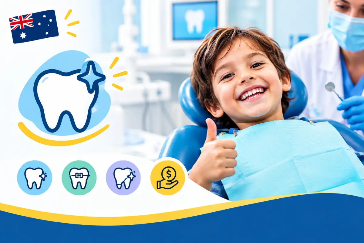 Happy Child at the Dentist in Australia Happy child smiling in a dental clinic while learning about children’s dental care and CDBS benefits